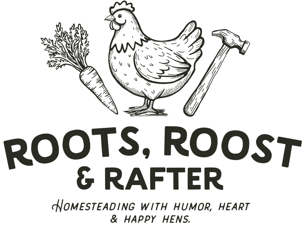 RRR-Retina-Logo-Olive Roots, Roost & Rafter Logo with a picture of a carrot, a hen and a hammer above the text.