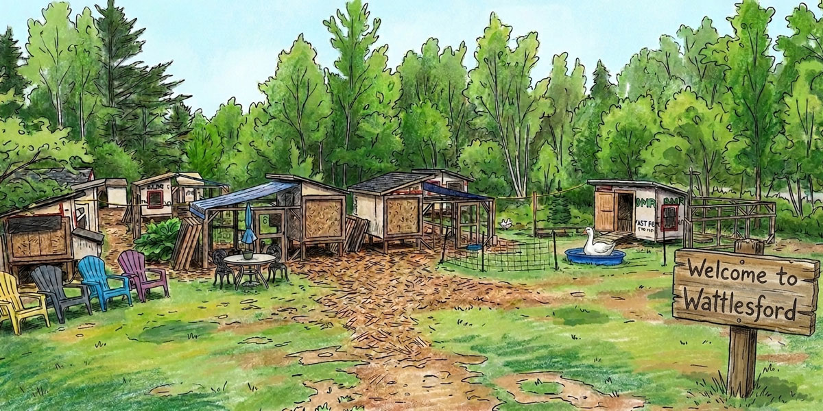 Cartoon drawing of our chicken village, Wattlesford.