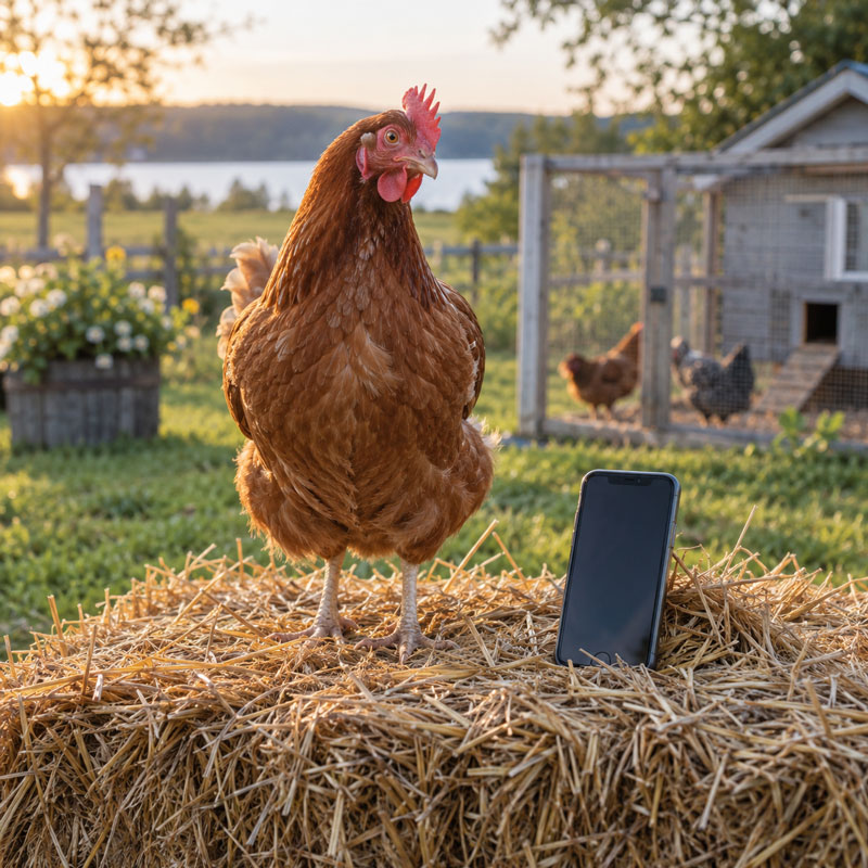 A hen standing beside a phone on a straw bale.
